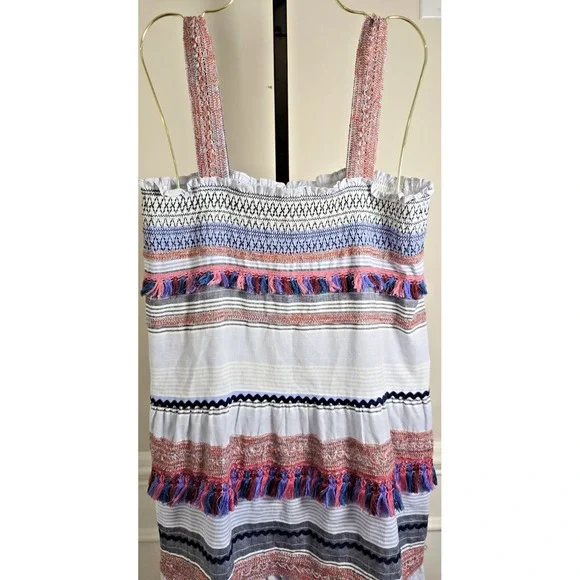 ZARA Boho Smocked Embroidered Midi Dress M Tassel Trim Multicolor Stripe Resort - Picture 5 of 16